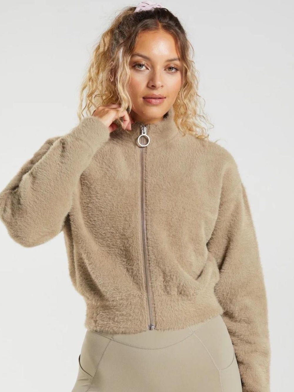 GYMSHARK x WHITNEY SIMMONS  EYELASH KNIT JACKET Brown/Taupe Size Small- Used